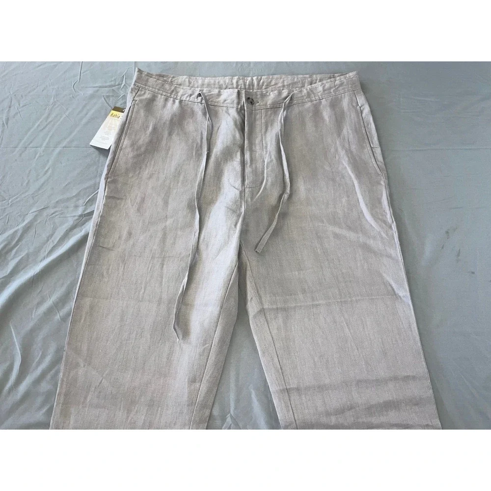 Bahia Sol Volos Flat Front Linen Pants w/ Drawstring. Platinum Gray, 44. NWT!